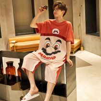 Pajamas men summer cotton cartoon short sleeves men teenagers large size summer thin one-piece homewear