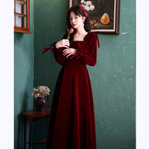 Spring and autumn wine red French long sleeve belly covered belly toast clothing back to the door casual Bride wedding dress can usually be worn