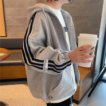 2021 autumn and winter New plus velvet padded medium child striped zipper cardigan jacket children hooded sweater men tide