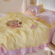 Cream Ice Cream Contrast Color Water Washing Cotton Four Pieces Pure Cotton Pure Cotton Girls Heart Lace Bedding