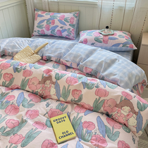 ins small fresh tulips girl pure cotton four sets cute adolescent girl full cotton crummy quilt cover 1 5m1 8 bed products
