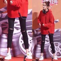 Stars same black Broken Cave Jeans Woman 2022 New high waist tight-skinny beggar 90% Pants Tide