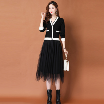 Dress Early Fall 2022 New Fashion Temperament Fake Two Piece Mesh Bottom Skirt Long Sleeve knitted Dress Woman