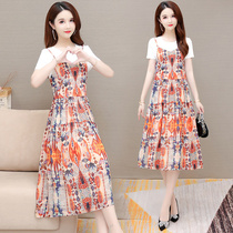  Chiffon floral dress female summer 2021 new temperament waist thin small fake two-piece sling skirt