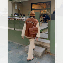 Big noodles slightly fat customized autumn retro American letters baseball uniform female college style short coat