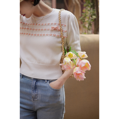 taobao agent Retro brace, knitted short T-shirt, top, French retro style, with sleeve