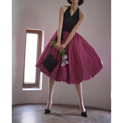taobao agent Ching'S Hepburn Wind high waist high waist elegant macaron -colored big skirt loose waist A -line sunglasses umbrella -type skirt