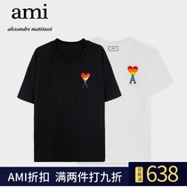 (Domestic spot)Ami Paris rainbow color short-sleeved round neck loose men and women Ami love embroidery short-sleeved