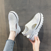 Temperament wild rhinestone sandals womens summer new thick-soled breathable flying woven baotou muffin bottom small single shoes