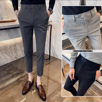 Summer casual nine-point pants men slim Korean version of the sense of falling embroidery small trousers trend thin small feet suit pants men