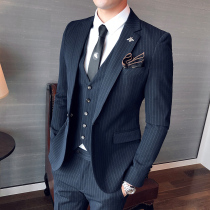 Suit suit suit mens three-piece Korean slim dress casual dress groom wedding dress British striped small suit