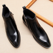 Autumn and winter Chelsea boots leather mens boots business leisure warm short boots high shoes British zipper mid-help leather shoes tide