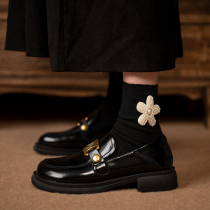 2022 new dumb cute head leather small leather shoes womens single shoes Inron black flat bottom One foot pedal Lefoe shoes womens shoes