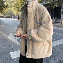 Two sides wearing lamb wool jacket mens winter cotton clods plaid plaid turd collar plus suede thickened handsome cotton padded jacket