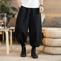 Autumn Chinese hemp bloomers loose linen tie pants Chinese Tang suit retro traditional wide leg pants