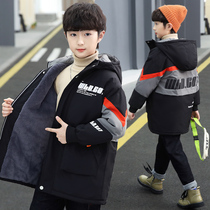 Boys jacket plus velvet autumn and winter 2022 new middle and large childrens medium and long cotton clothes boy winter clothing to overcome the foreign trend