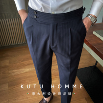 (Gaoding craft)Business straight trousers mens Italian Paris buckle navy blue striped high-waisted Neapolitan pants