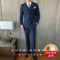 Suit suit suit mens three-piece groom wedding dress business casual dress Korean slim plaid suit man