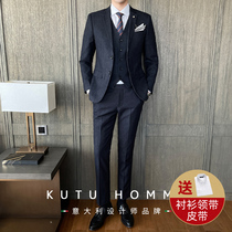 Striped suit suit suit men slim Korean business professional dress groom wedding dress suit three-piece suit