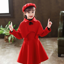 Korean girls autumn and winter plus velvet padded red woolen dress Princess dress 2021 New Style children Girl