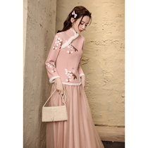 Cheongsam coat winter improved warm plus velvet thickened Chinese New Year small jacket long sleeve Chinese style young girl pink