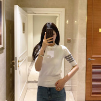 Thom browne 2021 summer TB short-sleeved four-bar ice silk knitted base shirt Mens and womens round neck top T-shirt