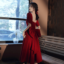 Bride toast wine red can usually wear 2021 new summer wedding dress thin square collar temperament engagement
