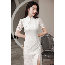 White small evening dress skirt can usually be worn summer socialite banquet temperament short cheongsam fairy retro lace