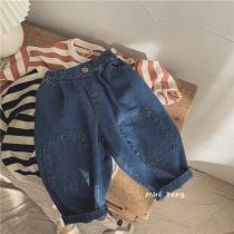 Super good match recommended Korea East Gate knee patch Children Baby jeans casual radish pants Spring