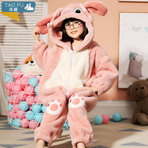 Girls conjoined pajamas autumn and winter children coral velvet cartoon girls