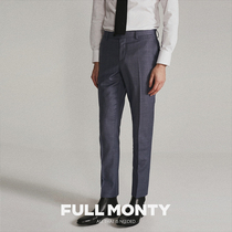 FULL MONTY Mens Business Dress Trousers Blue Sharkskin Casual Slim Straight Wool Suit Pants
