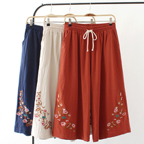 Middle-aged and elderly womens pants fat mother summer cotton linen pants middle-aged mother summer seven wide leg pants women