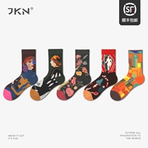 JKN French oil painting socks mens middle tube socks Women ins tide European and American street creative abstract retro style couple stockings