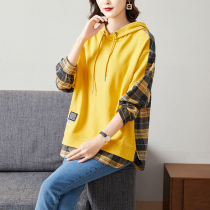 Clothing Pinle size European station fake two pieces plaid hooded sweater early autumn 2021 new female loose long sleeve top