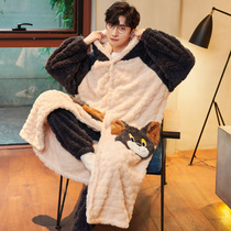 Bathrobe men autumn and winter plus plush plus thick warm coral fleece pajamas thick flannnel youth cartoon nightgown set