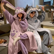 Autumn and winter couples coral velvet pajamas womens long robes plus velvet padded mens flannel star Delu home wear