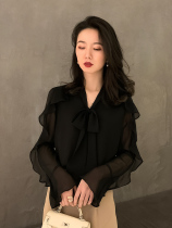 2021 Autumn New chiffon shirt Womens Long Sleeve V collar foreign style small shirt temperament high fashion high end shirt