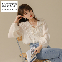 2021 Autumn New loose thin and versatile foreign style design sense niche top fairy long sleeve shirt chiffon shirt