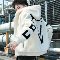 Lamb wool coat men's hooded padded winter cotton clothes Korean fashion ruffian handsome plush cotton jacket autumn and winter