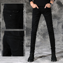 Jeans mens fashion brand slim small feet 2021 new summer thin mens high-end pure black pants trend