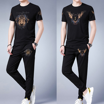 Mens set with summer short-sleeved sports two-piece suit Mens Korean version of the trend handsome ice silk leisure suit mens tz