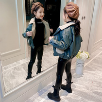 Girl coat autumn winter 2021 new childrens foreign style plus velvet padded leather jacket jacket girl winter Korean version