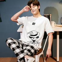 Pajamas men summer short sleeves long pants cotton junior junior junior thin summer mens plus size homewear set