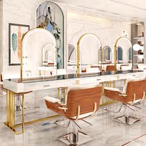 New barber shop mirror table high-grade hair salon with lamp stainless steel European style mirror