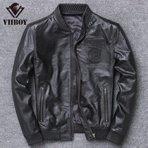 The first layer of cowhide leather leather mens baseball uniform collar locomotive leather jacket autumn and winter youth casual short single leather jacket