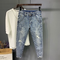 Breaking Hole Jeans Mens Summer Trend Body Small Footed Beggar Pants Boomers Korean Version Elastic Fashion Casual 90% Pants