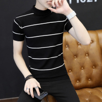 Men's short sleeve sweater pullover half turtleneck sweater bottom shirt Korean fashion slim half sleeve striped sweater