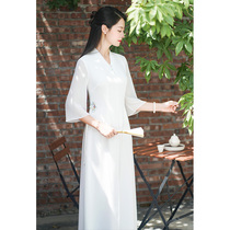 Early cicada improved Chinese clothes female Chinese style Tang dress cheongsam dress summer Spring and Autumn white fairy Qi Zen tea suit