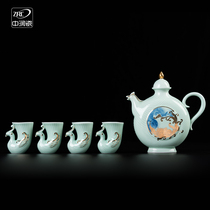 Jingdezhen ceramic wine set Celadon antique wine jug Chinese wine separator Household wine cup Small cup White wine cup