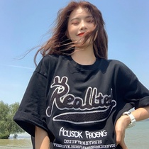Black cotton T-shirt women's summer 2021 new ins super fire vitality girl loose sweet spicy coat spring and summer